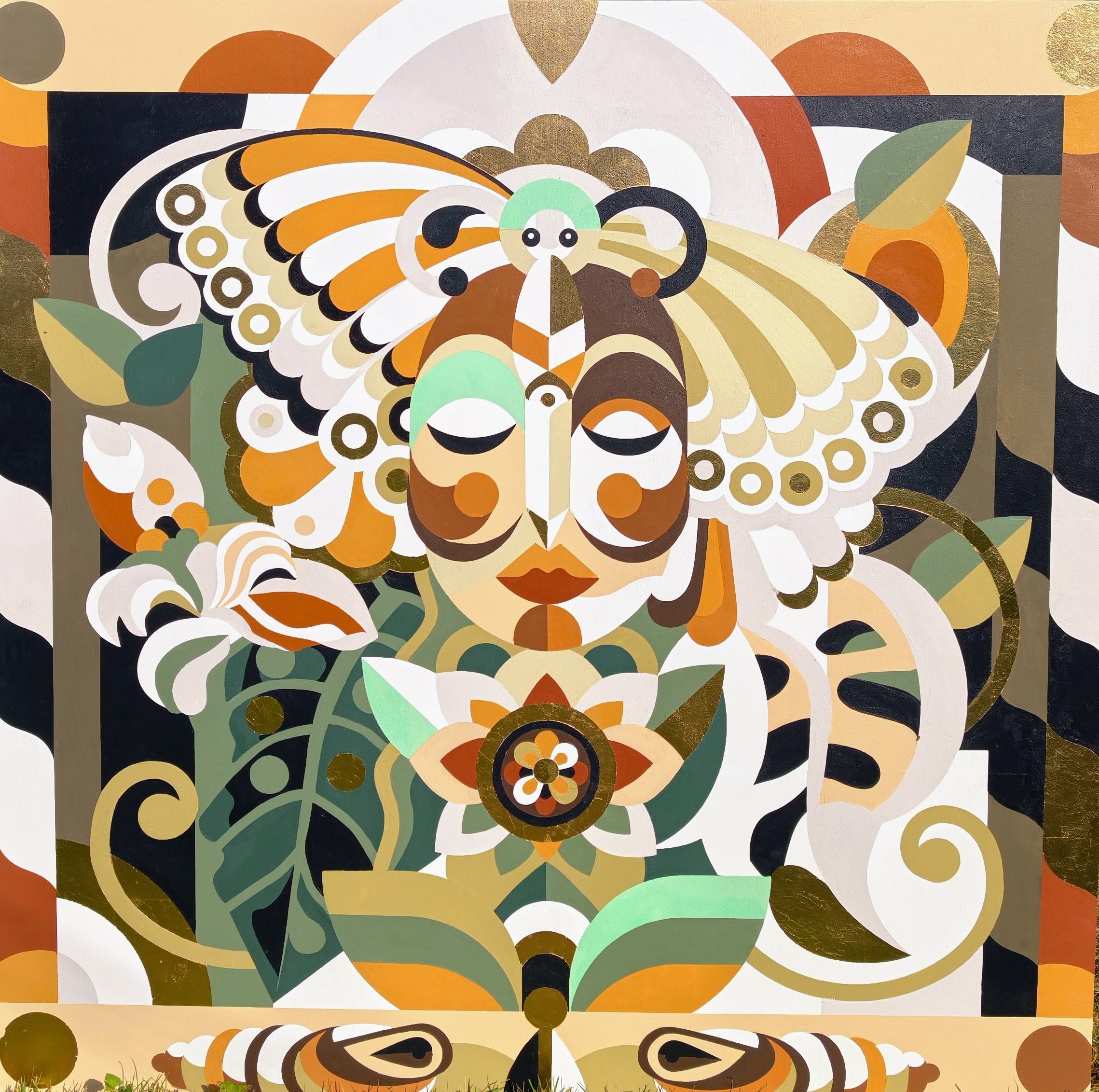 Geometric design of a woman's face, surrounded by leaves and butterfly wings