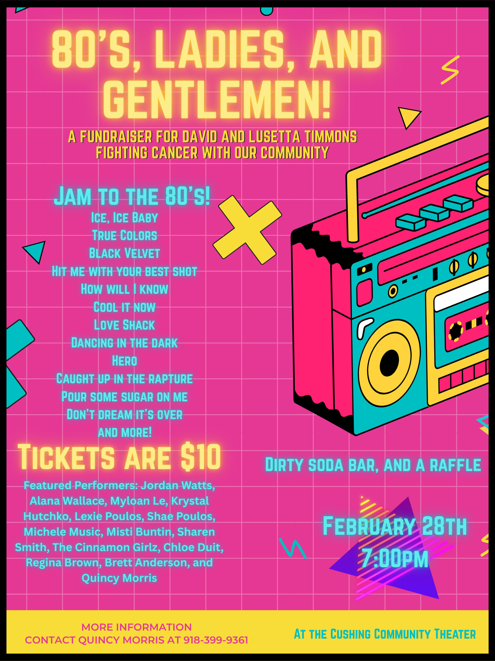 Cushing Community Theatre's "80's, Ladies, and Gentlemen" Event Poster