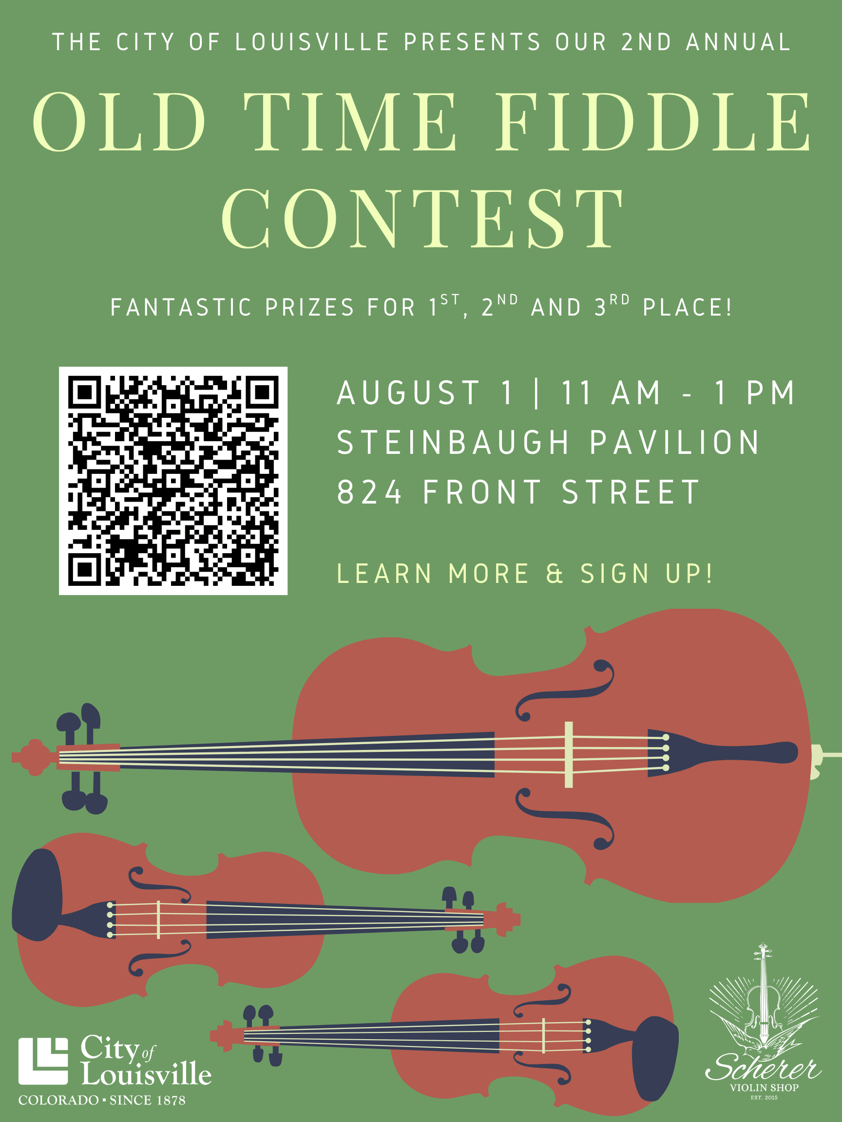Louisville Old Time Fiddle Contest flyer reading, "August 1, 11 am - 1 pm, Steinbaugh Pavilion, 824 Front Street."