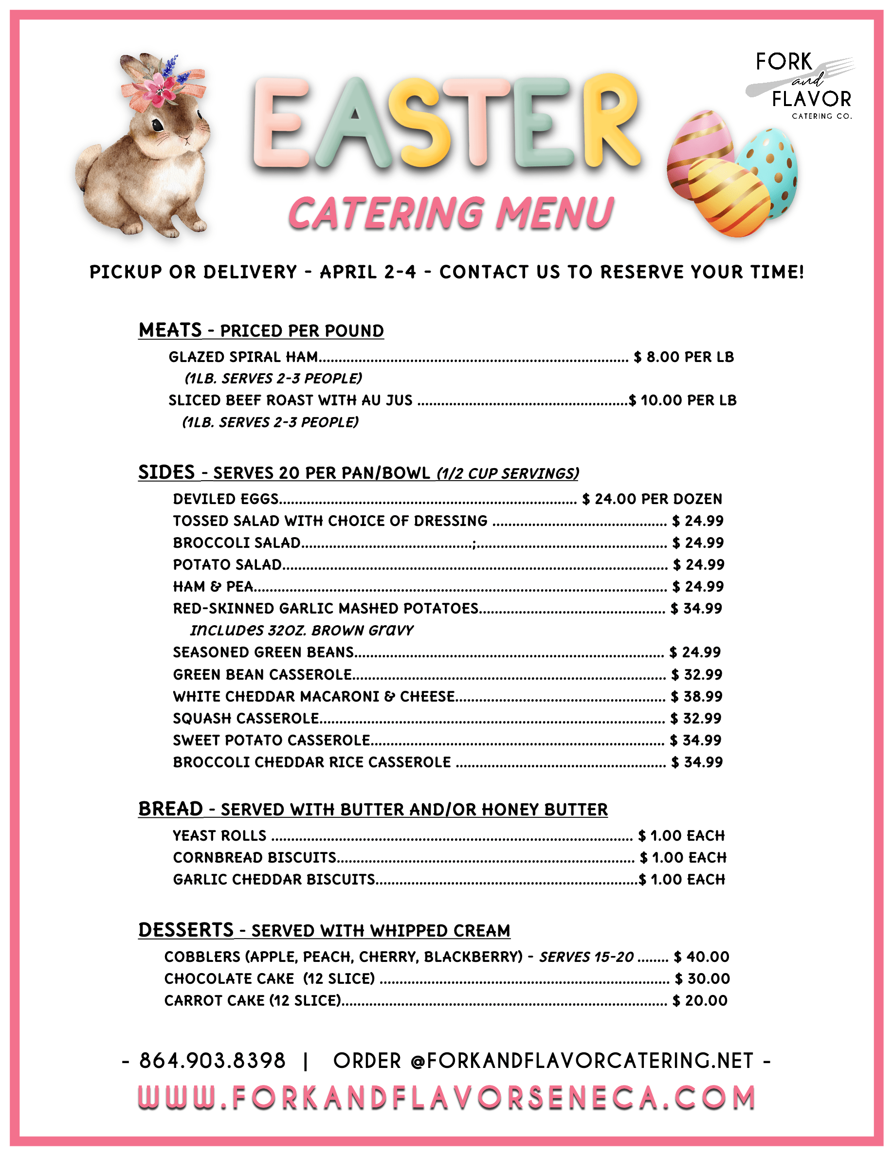 easter 2026 catering menu. fork and flavor catering co. 864-903-8398