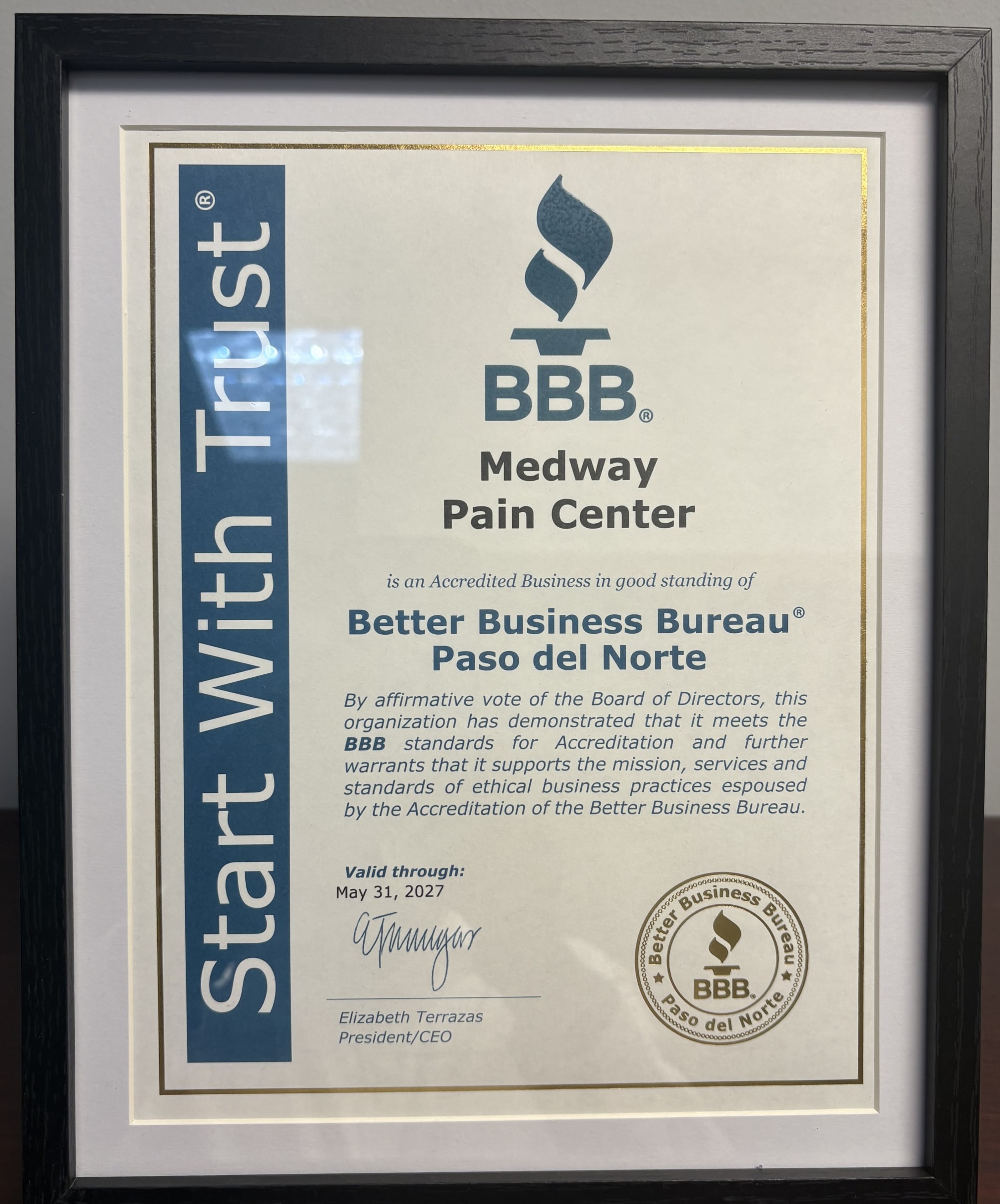 Better Business Bureau Accredited Business certificate awarded to Medway Pain Center in El Paso, TX