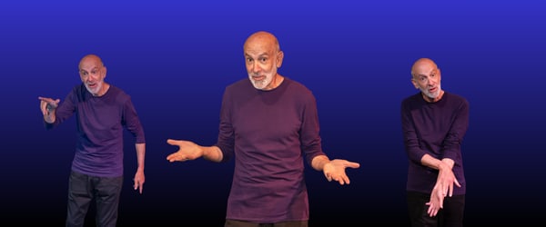 Paul Sussman poses as 3 characters, wearing a purple shirt on a blue background