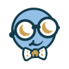 Illustrated Blue Moon mascot featuring a round, light-blue face with large dark teal glasses and crescent-shaped golden eyes.