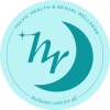 Light blue emblem with dark teal moon crescent and tagline "Pelvic Health & Sexual Wellness: Inclusive care for all