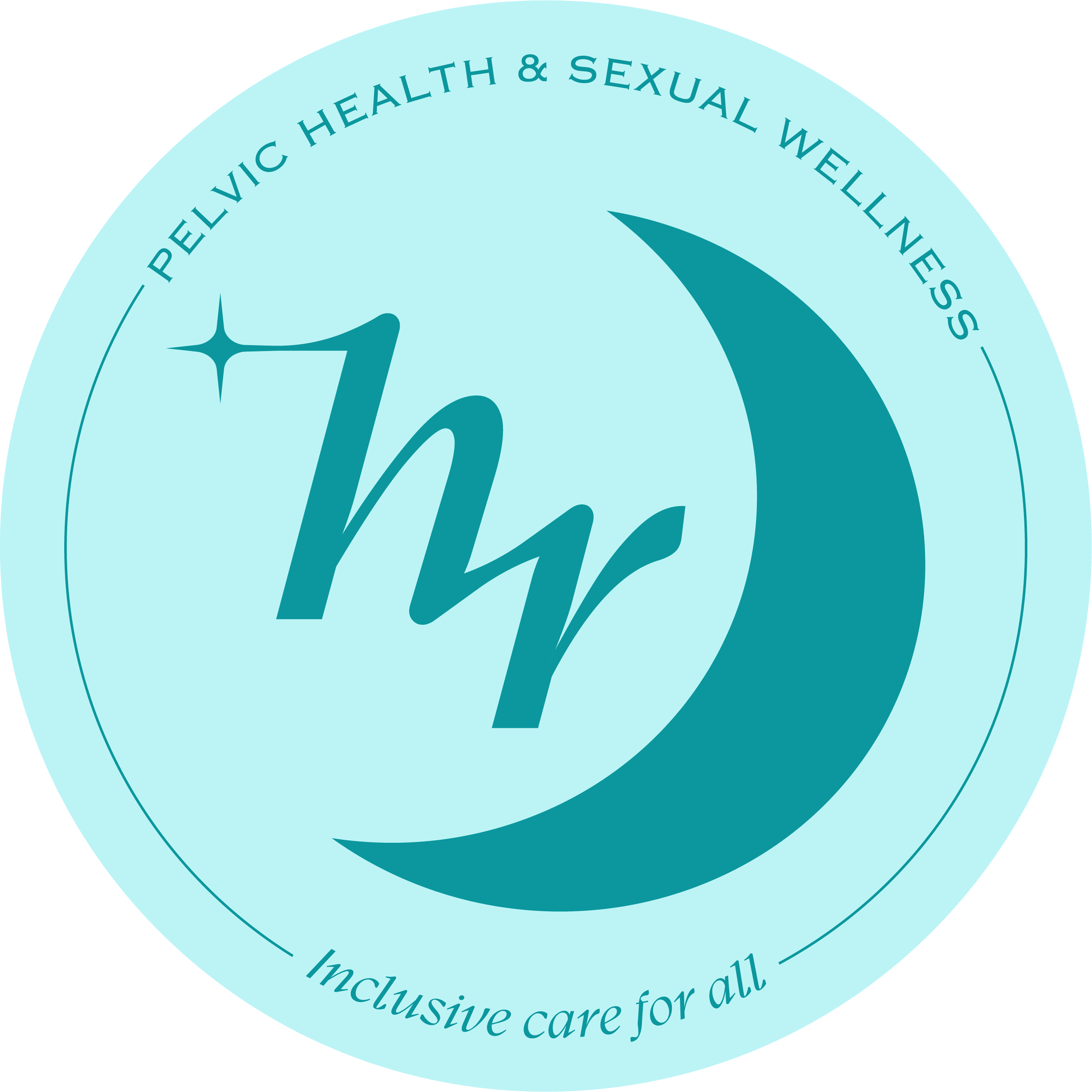 Light blue emblem with dark teal moon crescent and tagline "Pelvic Health & Sexual Wellness: Inclusive care for all