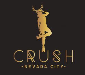 Crush- Nevada City- logo silhouette of  woman riding roller skates, wearing a cap with antlers