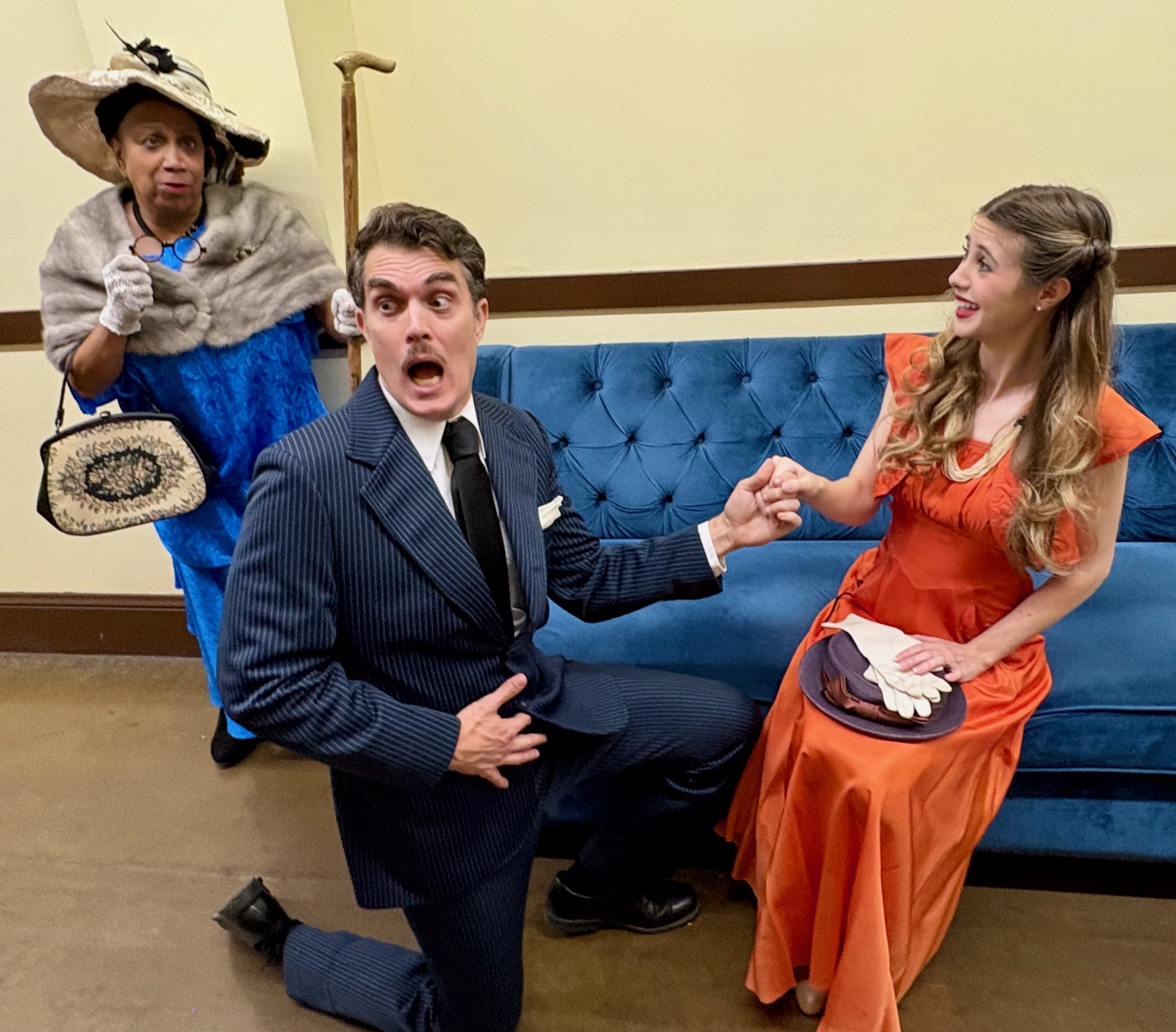 Paulette Herring as Lady Bracknell, Nikolas Greene as Jack, and Sophie Ruf as Cecily.  Photo by Jay Manley