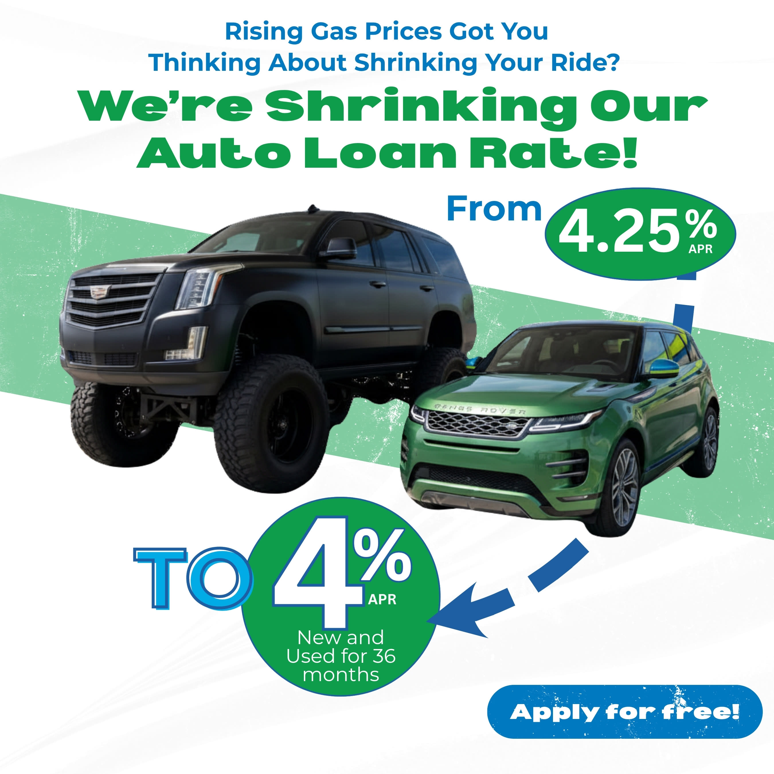 Image of a gas guzzling SUV next to a small fule efficent car.