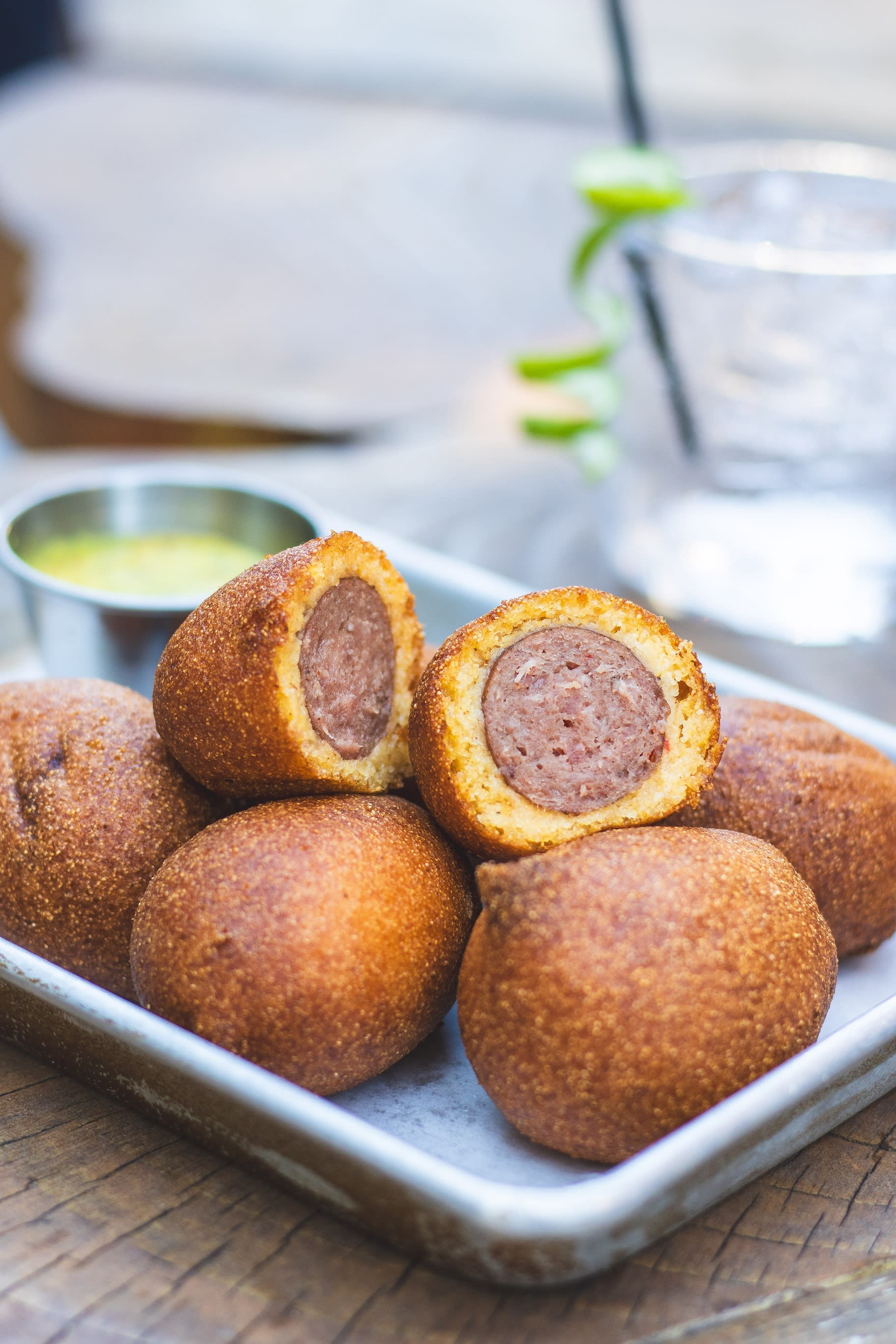 Miniature Corn Dog Bites with spicy sausage