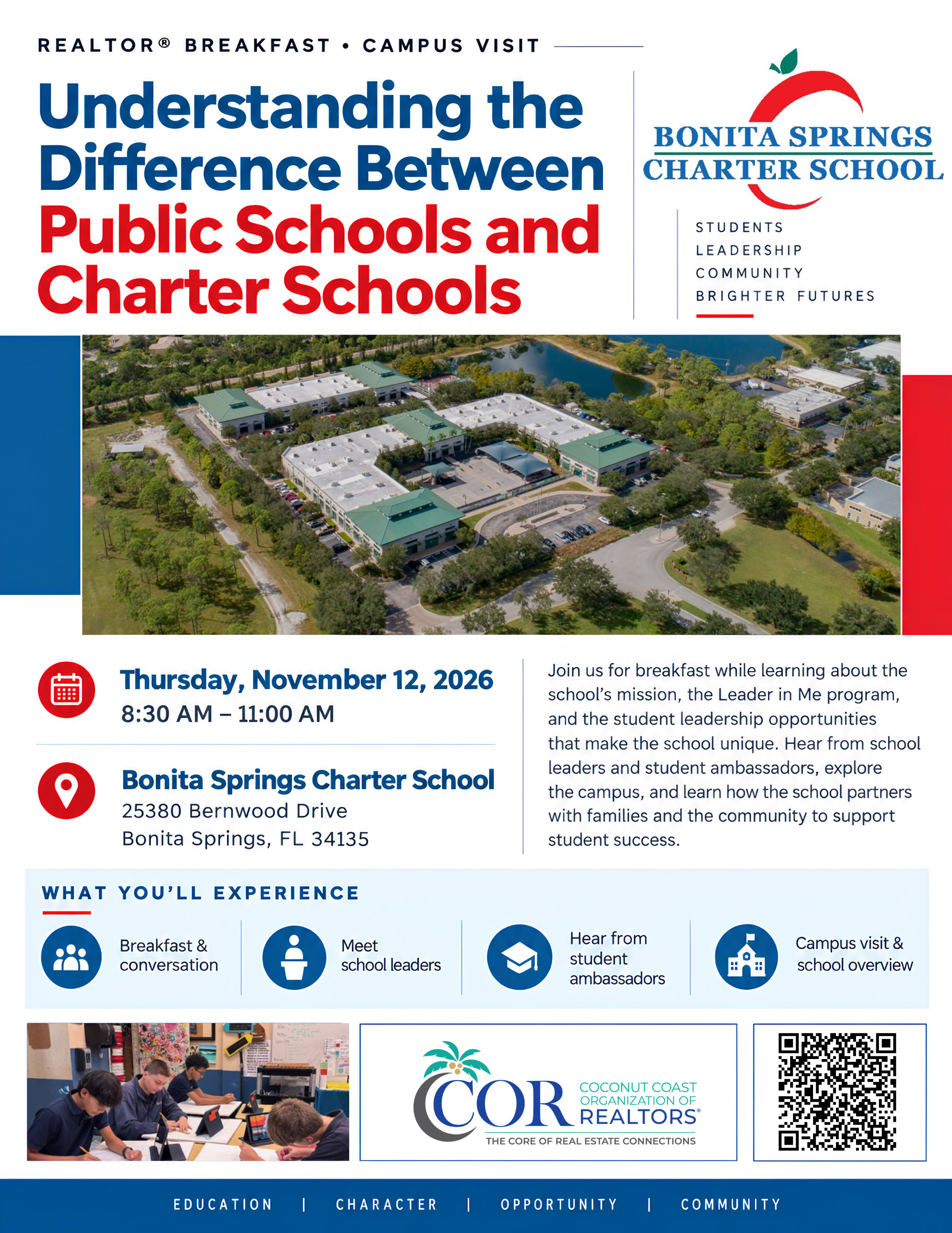 Bonita Springs Charter School REALTORS breakfast flyer, November 12, 2026