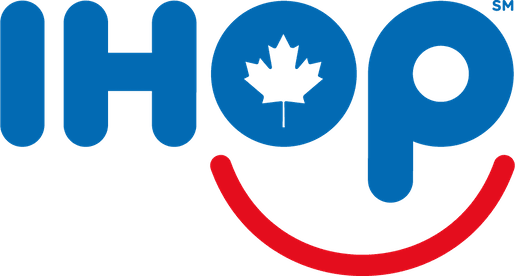 IHOP restaurant logo featuring bold blue lowercase lettering with a red smile-shaped underline beneath the letters.