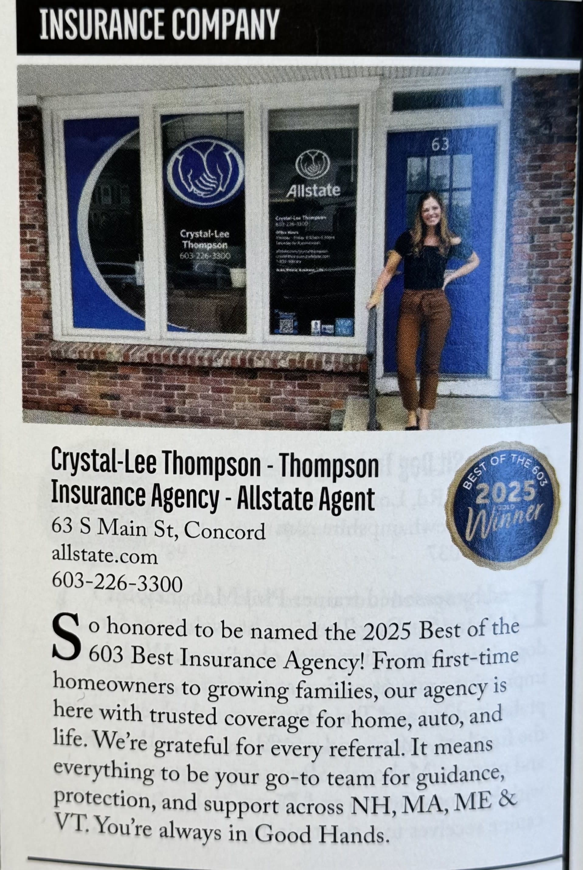 Thompson Insurance Agency featured as the 2025 Best of the 603 Gold Winner for Insurance Company