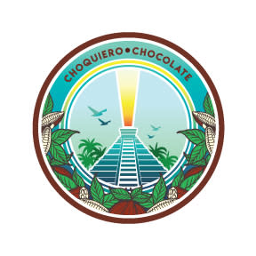 Choquiero Chocolate logo with pyramid and cacao leaves