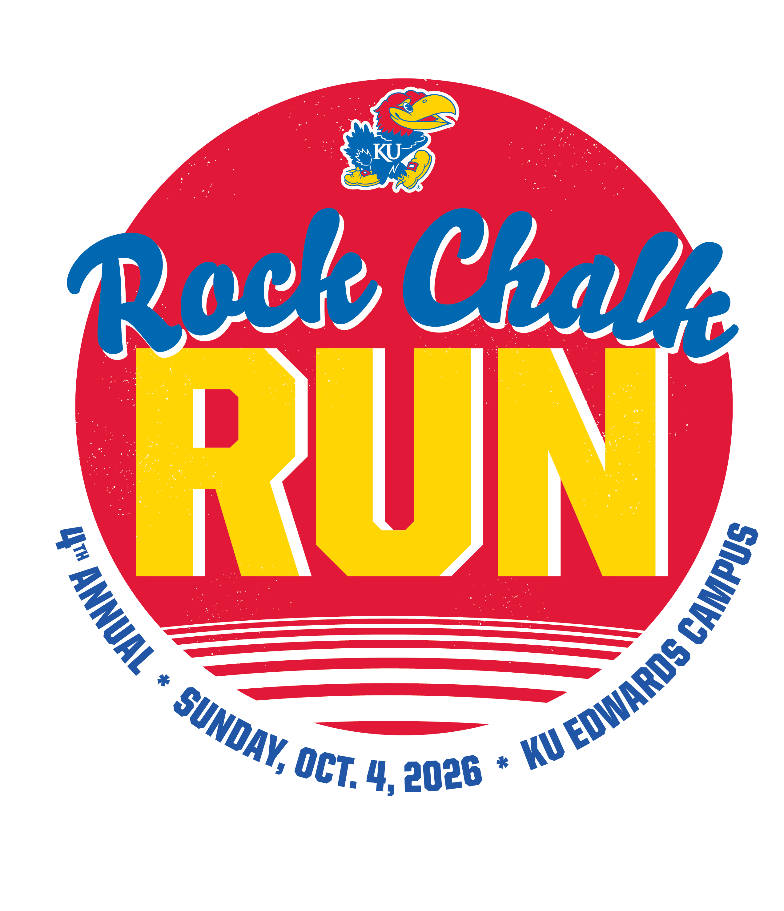 Picture of Jayhawk in red with the words Rock Chalk Run