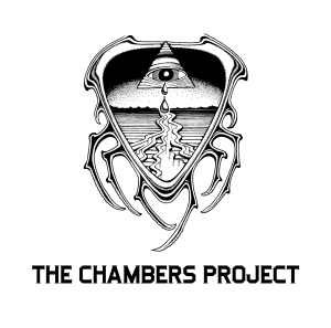 The Chambers Project logo hand drawn B & W of a triangle shape w legs coming down, triangle with an eye crying into a river