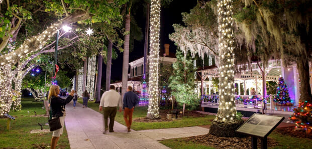 Festively lit park at night with string-lit trees, Spanish moss, strollers, and Christmas tree