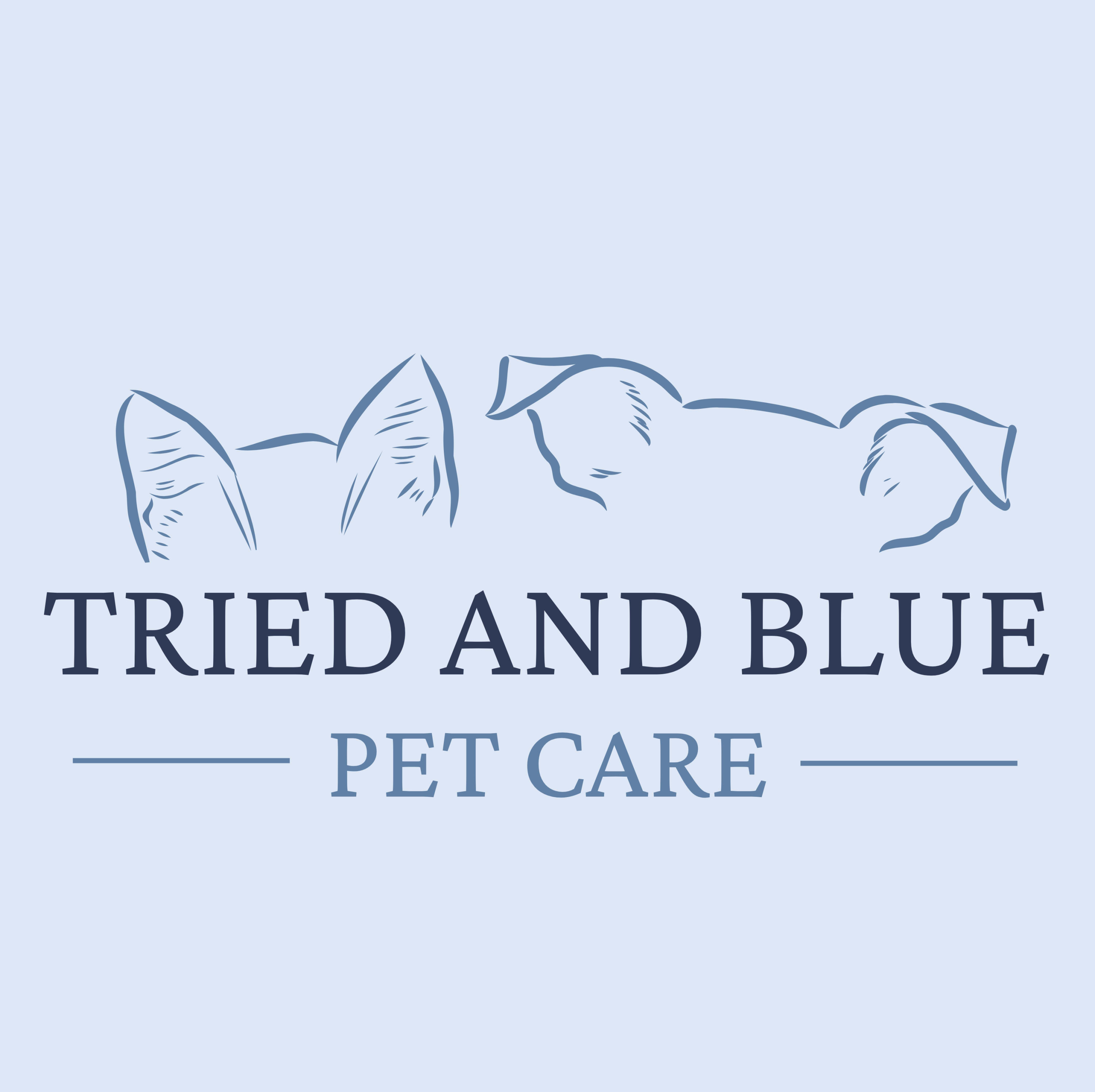 Tried and Blue Pet Care logo with cat ears and dog ears and various shades of blue