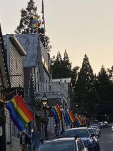 Pride flags on the downtown historic streets of Nevada City