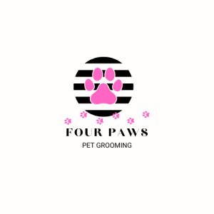 Four Paws Pet Grooming logo with pink paw on stripes