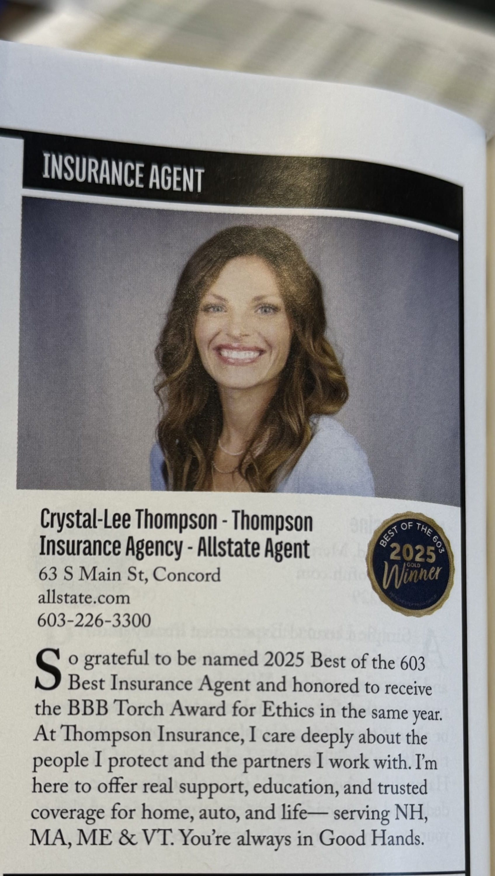 Crystal-Lee Thompson featured as the 2025 Best of the 603 Gold Winner for Insurance Agent