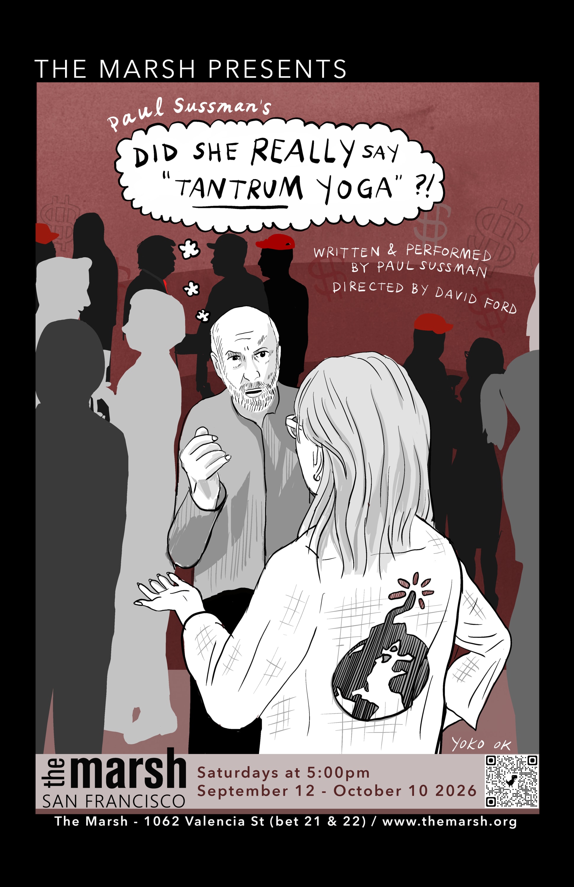 Show poster with cartoon art of Paul talking at a party with the woman who tells him about "Tantrum Yoga"