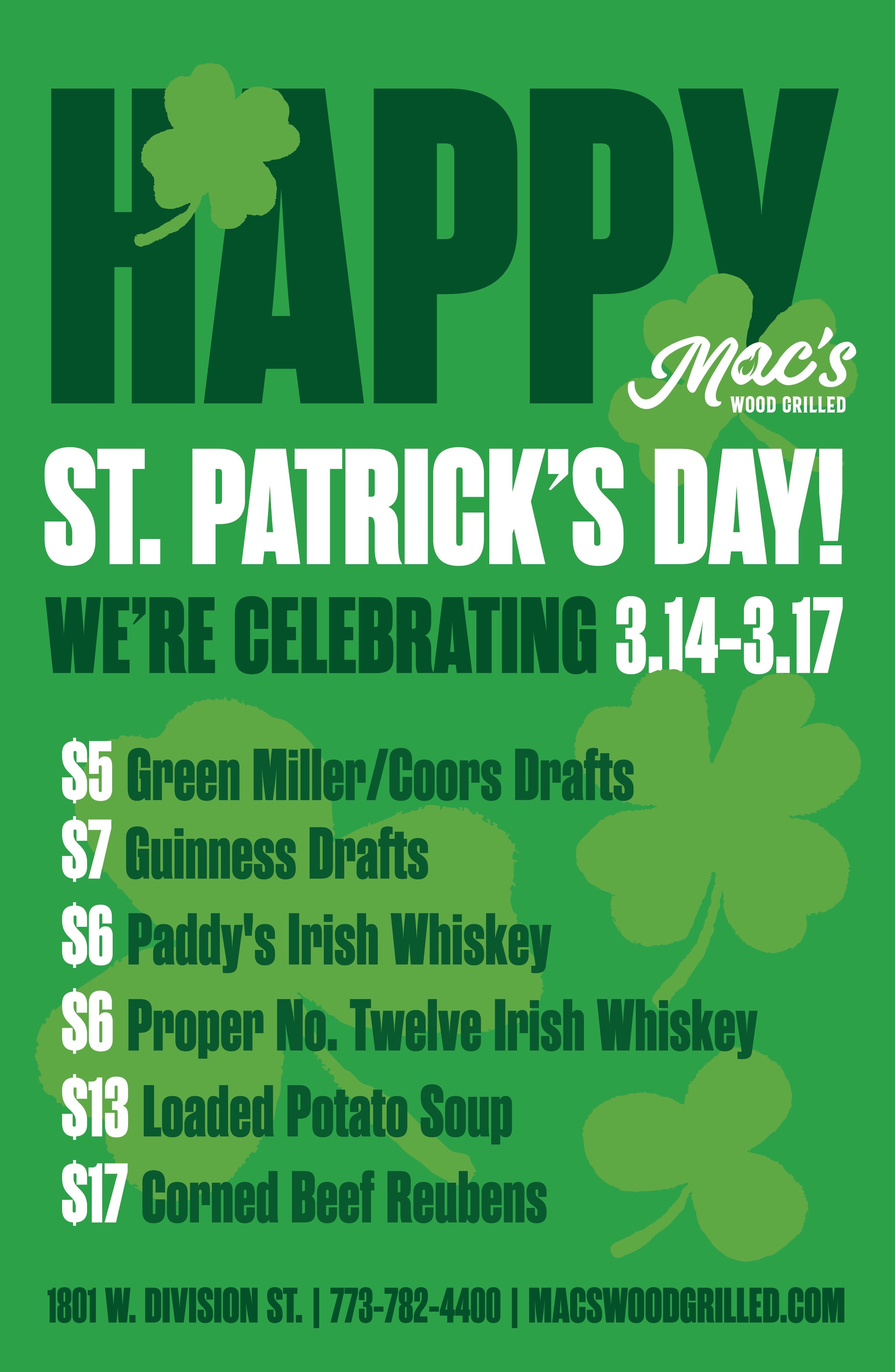 St. Patrick’s Day Specials at Mac’s Wood Grilled