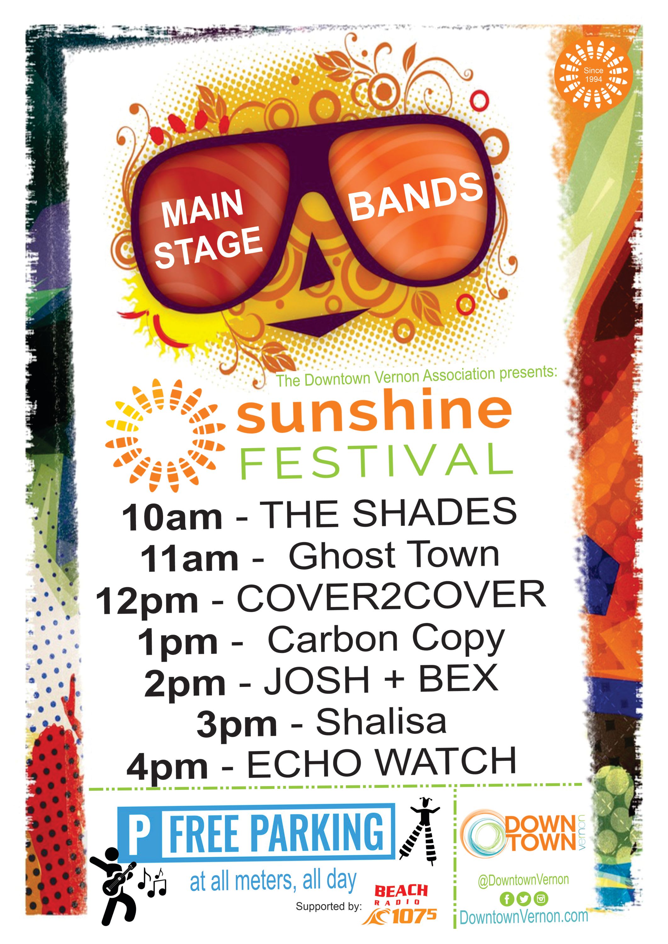 2026 Sunshine Festival main stage entertainment lineup, Downtown Vernon on 30th Ave, Sat June 20th, 10am to 5pm