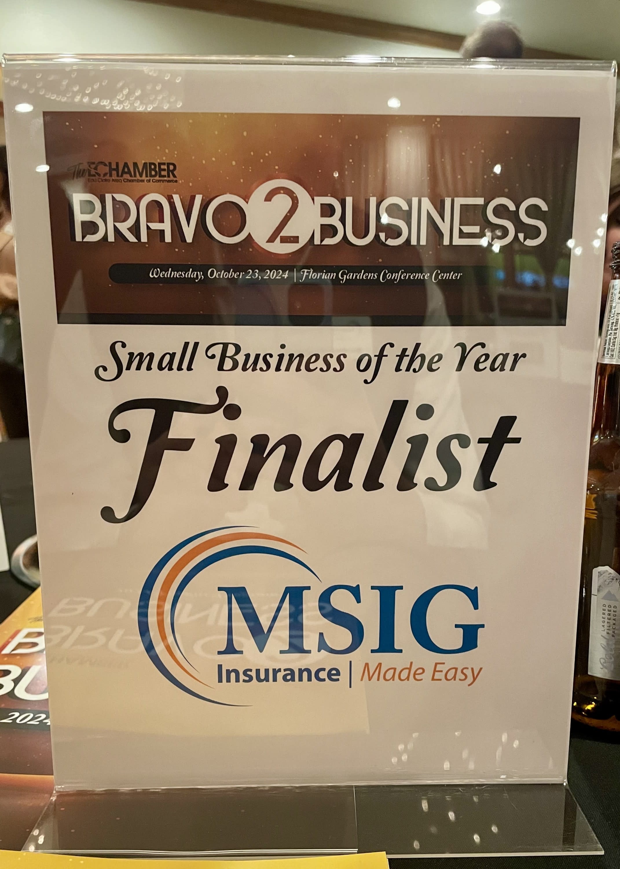 MSIG Bravo 2 Business Small Business of the Year Finalist Plaque