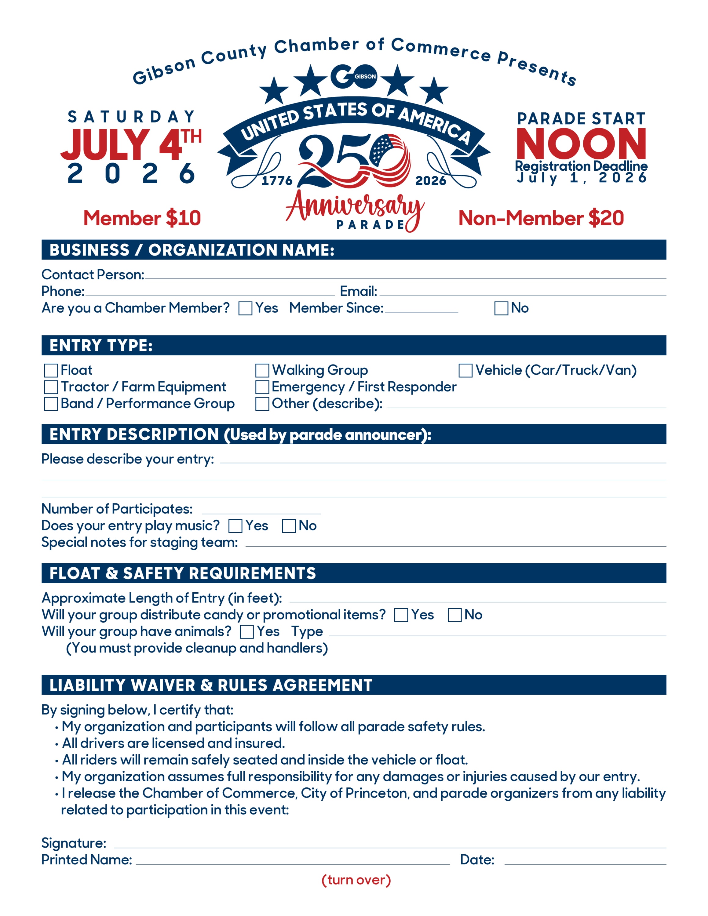 250th Parade Application Front