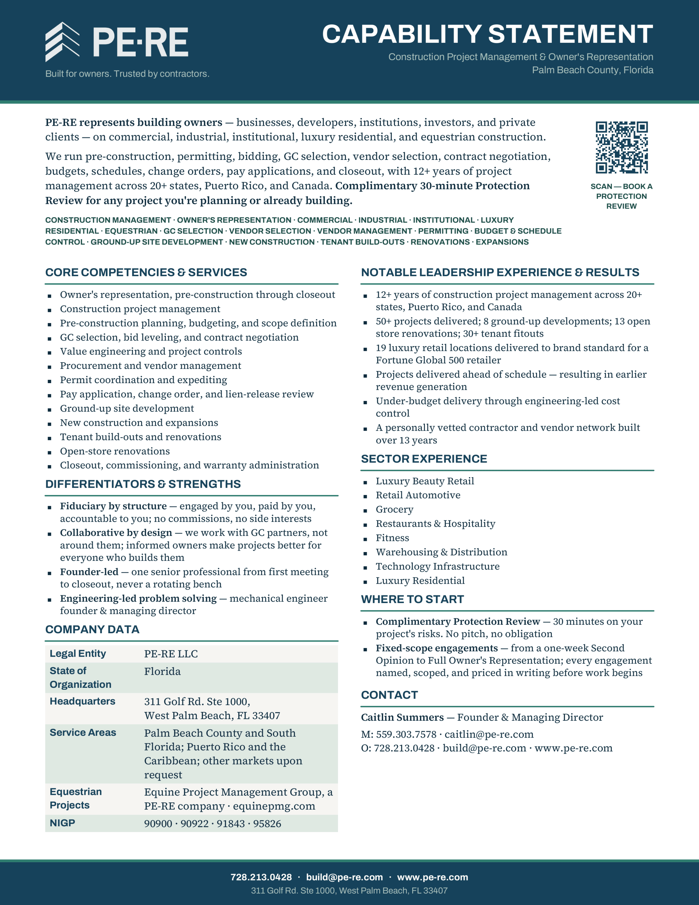 PE-RE Capability Statement | Owner's Representation & Construction Project Management | Palm Beach County