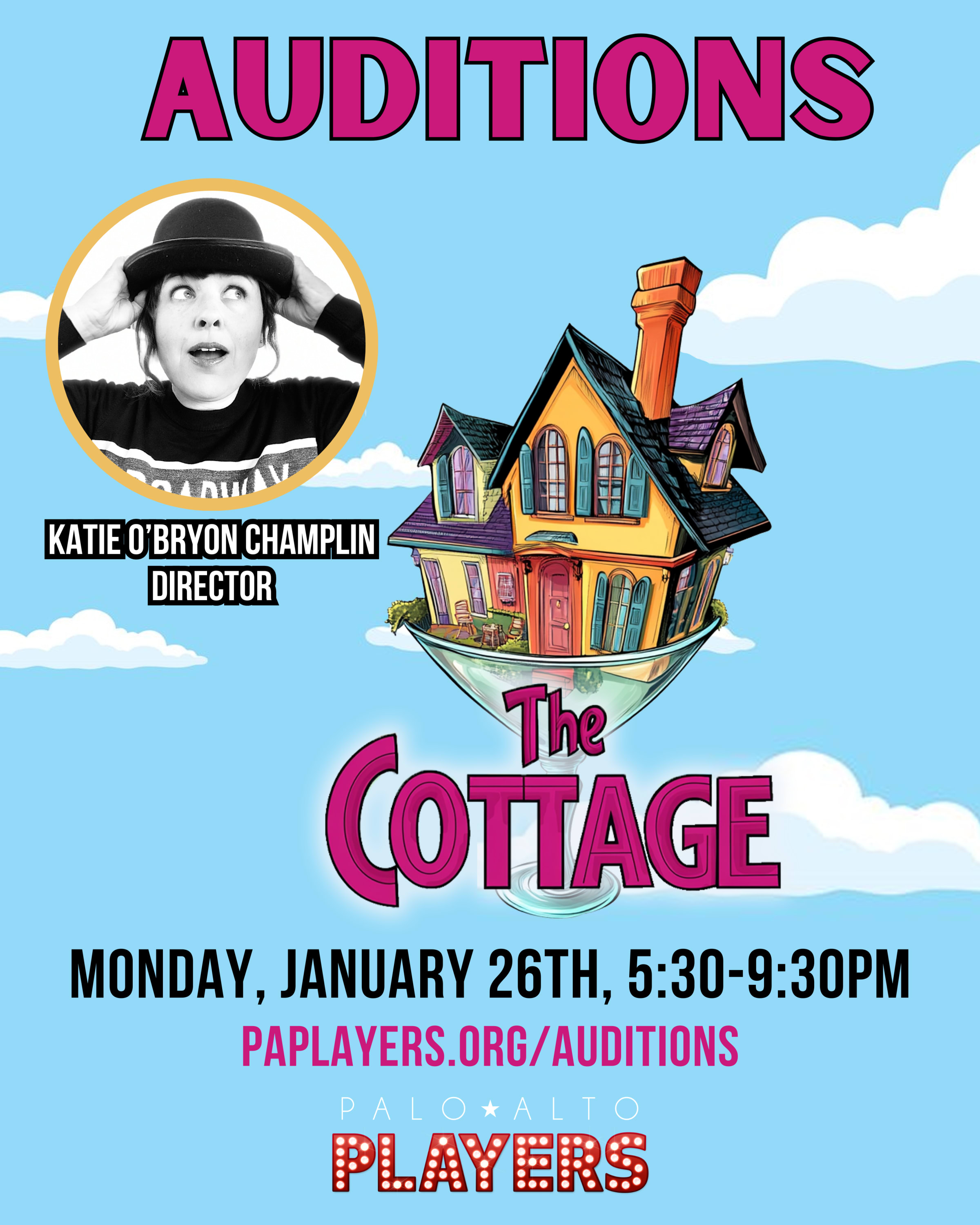 The Cottage Logo (a house inside a martini glass) along with a headshot of the director Katie O'Bryon Champlin.