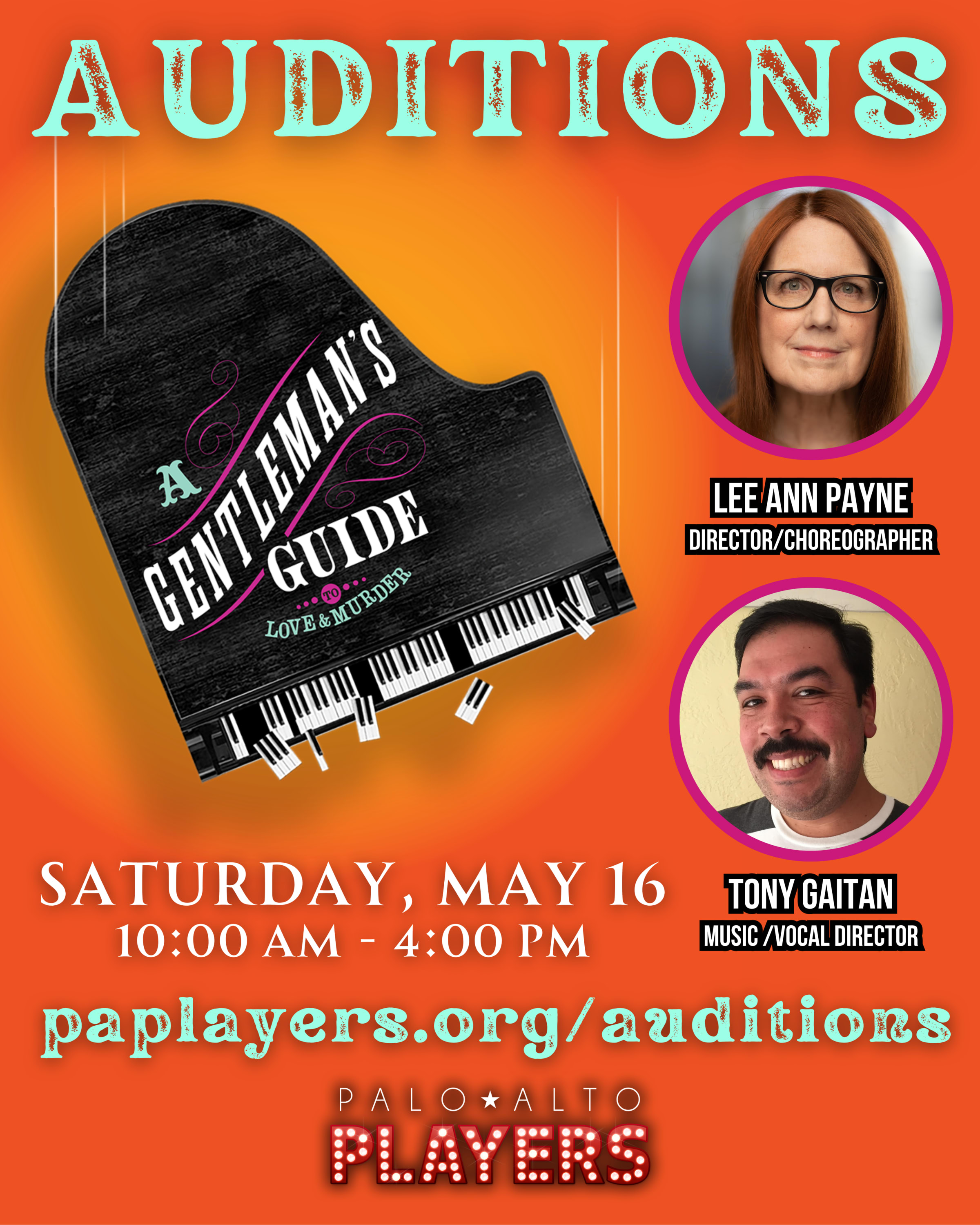 A Gentleman's Guide to Love and Murder Logo, with the director Lee Ann Payne's headshot along with Vocal/Music Director Tony