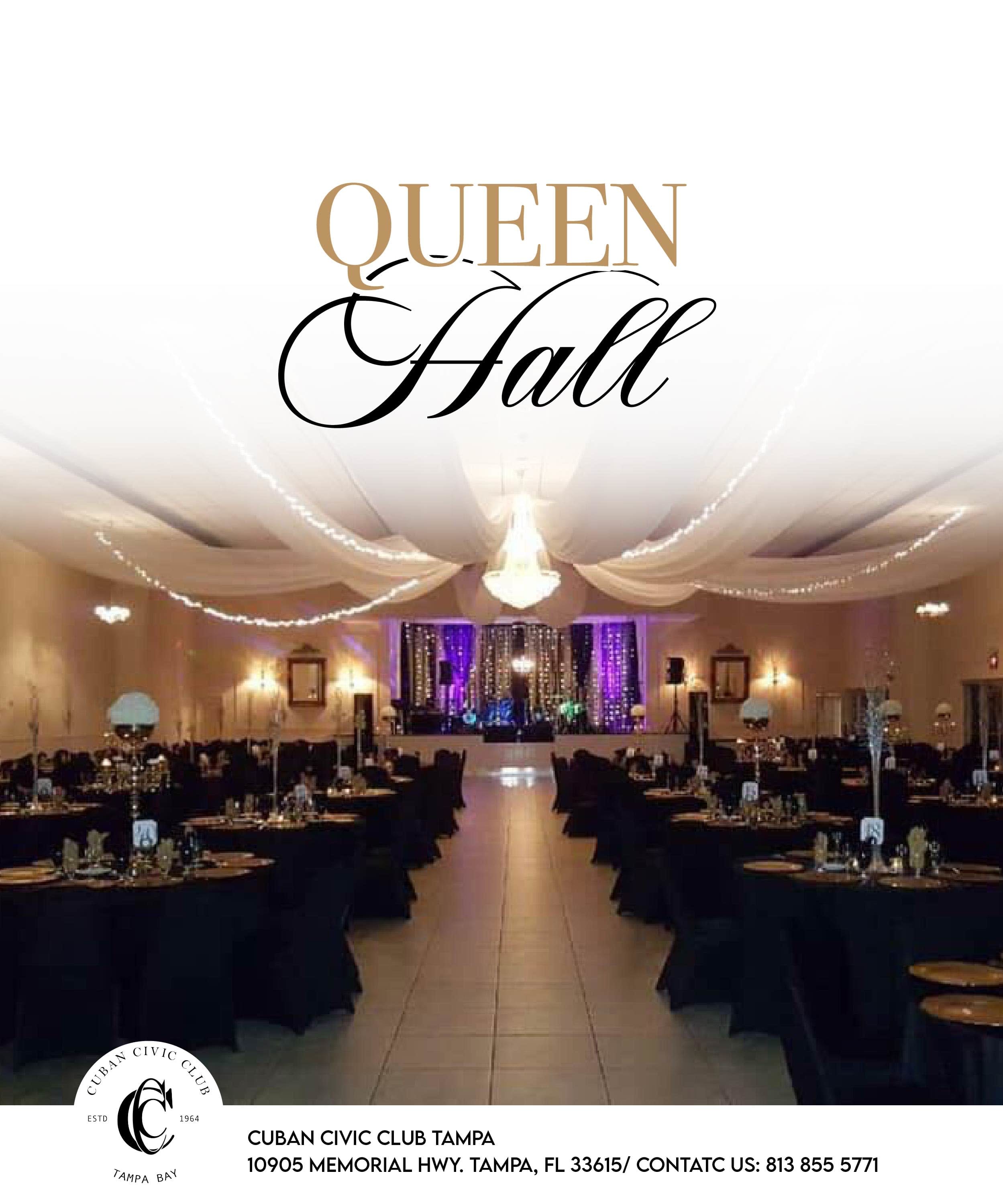 Queen Hall at Cuban Civic Club Tampa, a spacious event venue with banquet seating for up to 400 guests or auditorium-style se