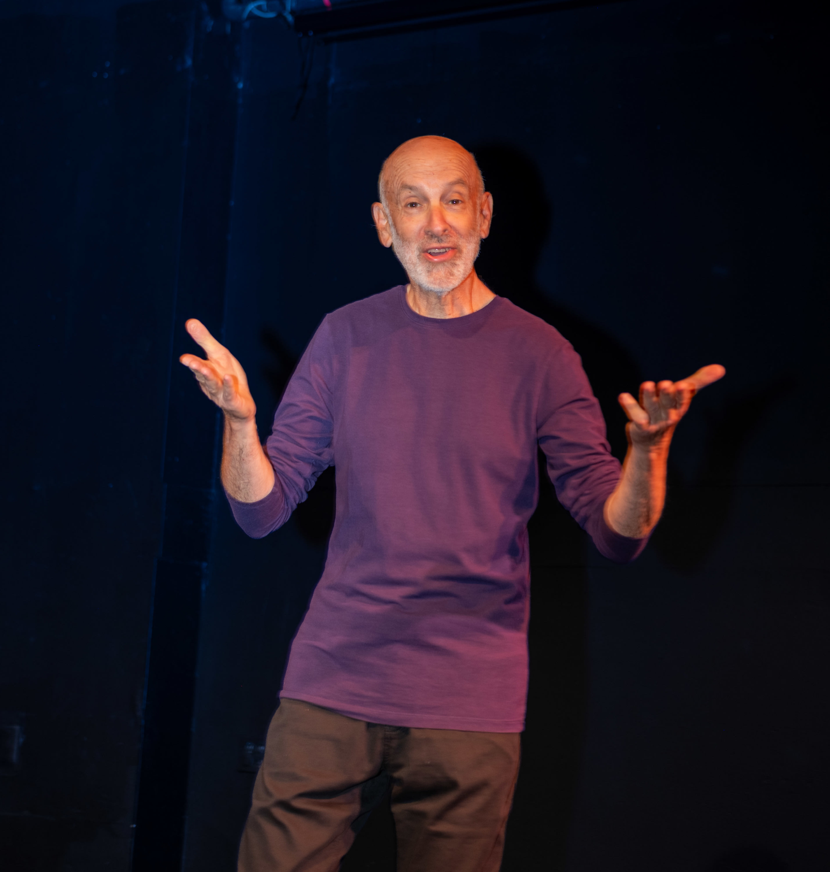 Paul posing as the character of himself in a purple shirt