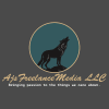 Ajs Freelance Media LLC logo: An illustration of a howling wolf silhouette against a teal moon-like circle.