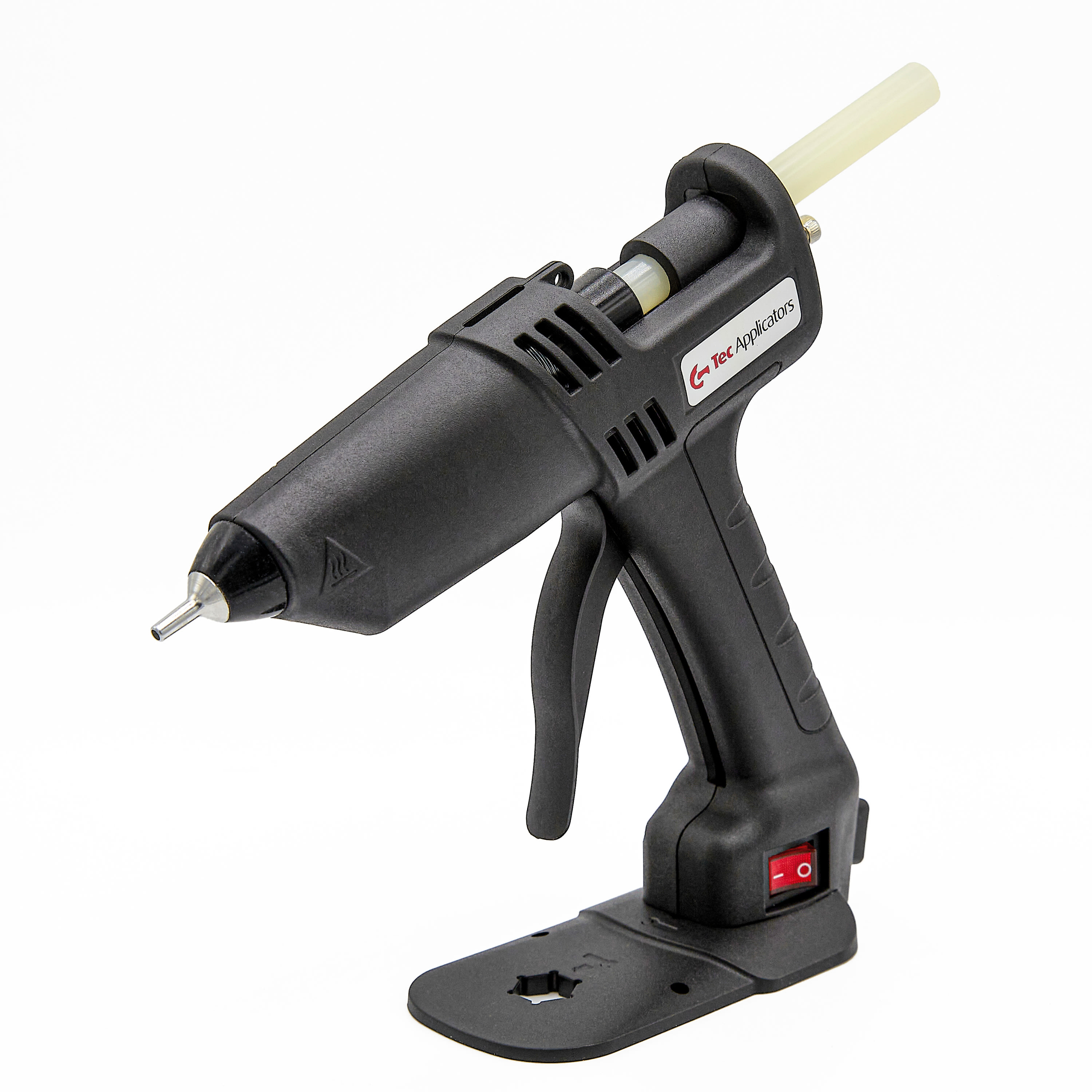 A compact, portable hot melt applicator on a white background