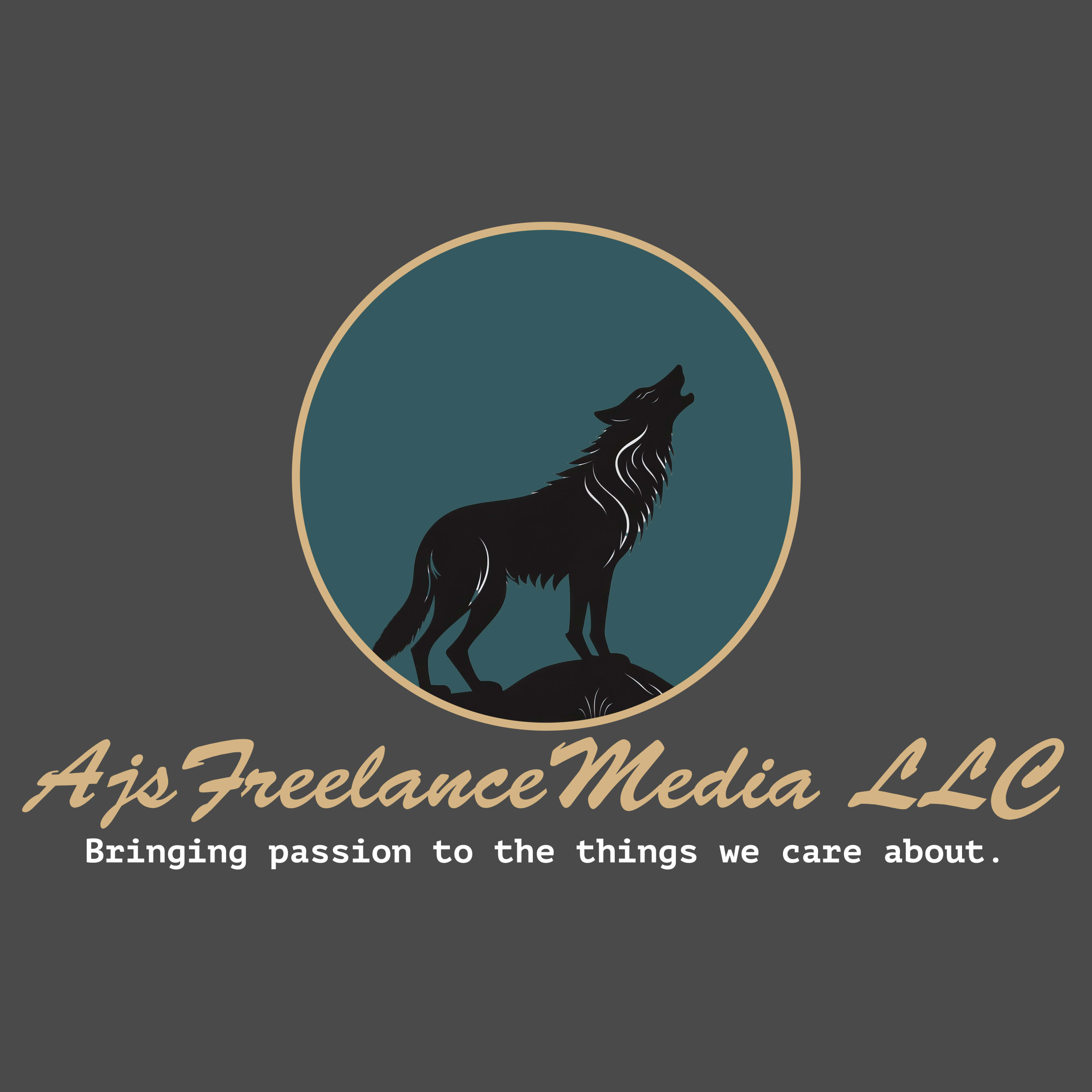 Ajs Freelance Media LLC logo: An illustration of a howling wolf silhouette against a teal moon-like circle.