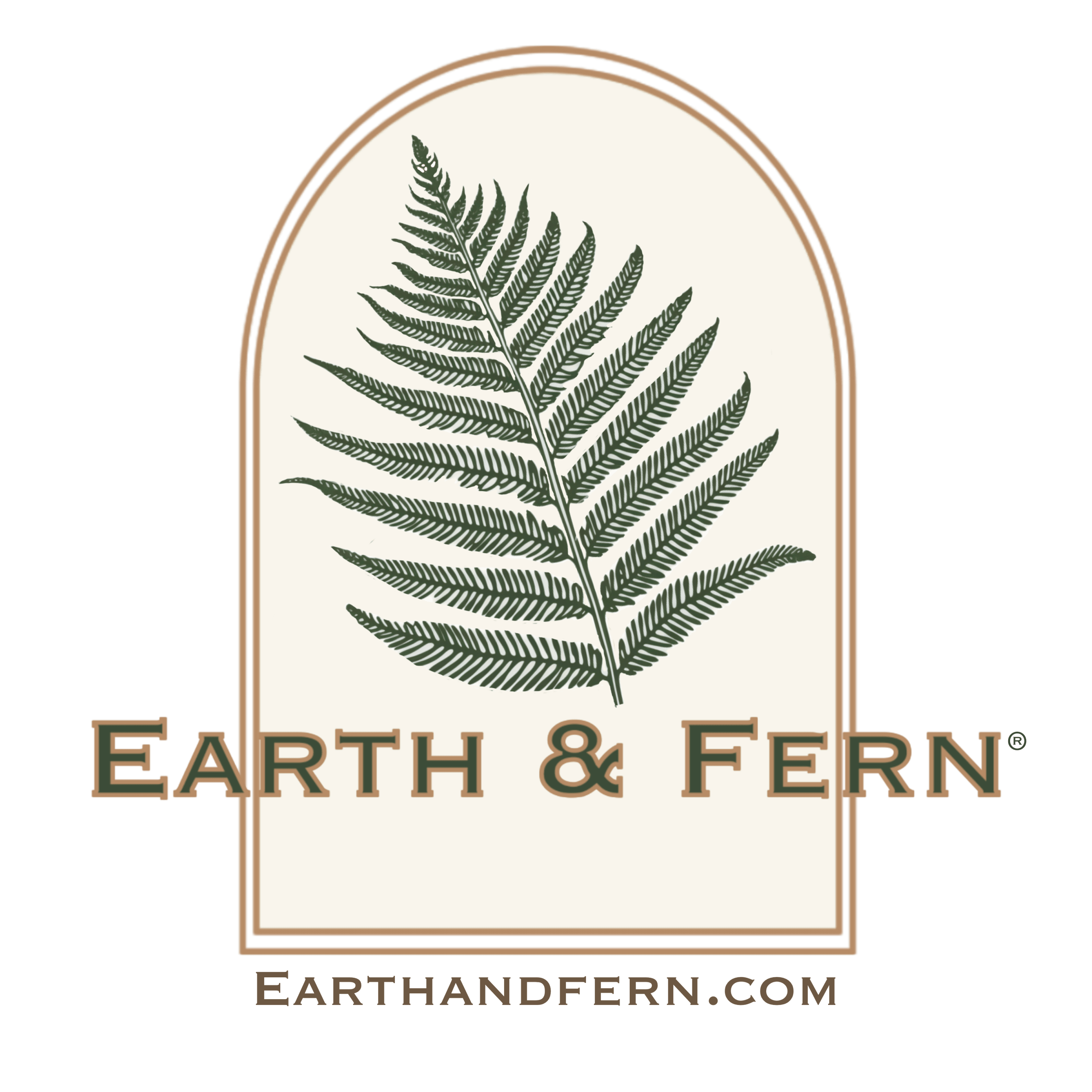 Dome with a fern growing inside and Company name EARTH & FERN®, below dome the website address is written EARTHANDFERN.COM