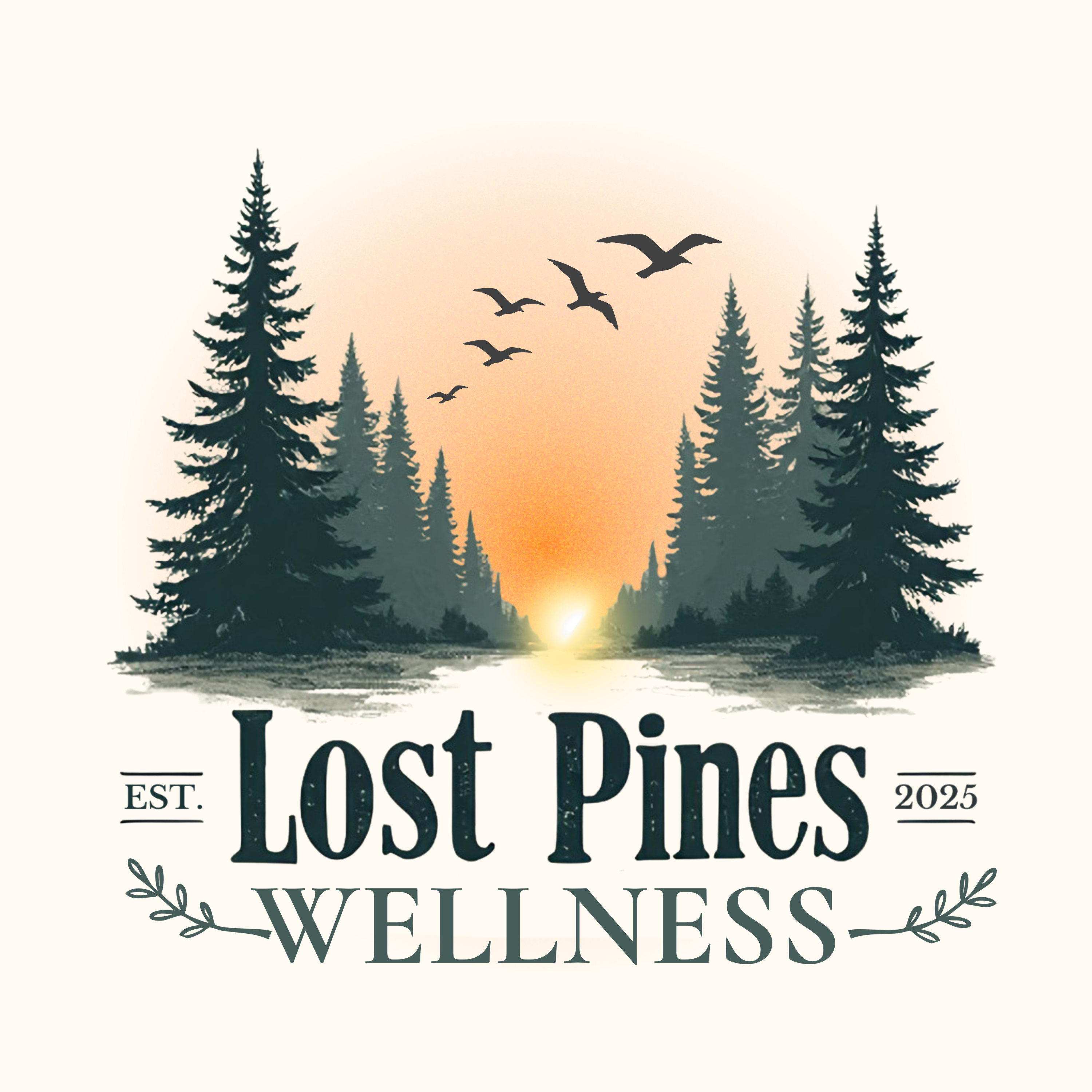 Lost Pines Wellness logo featuring pine trees, a sunrise, and flying birds.
