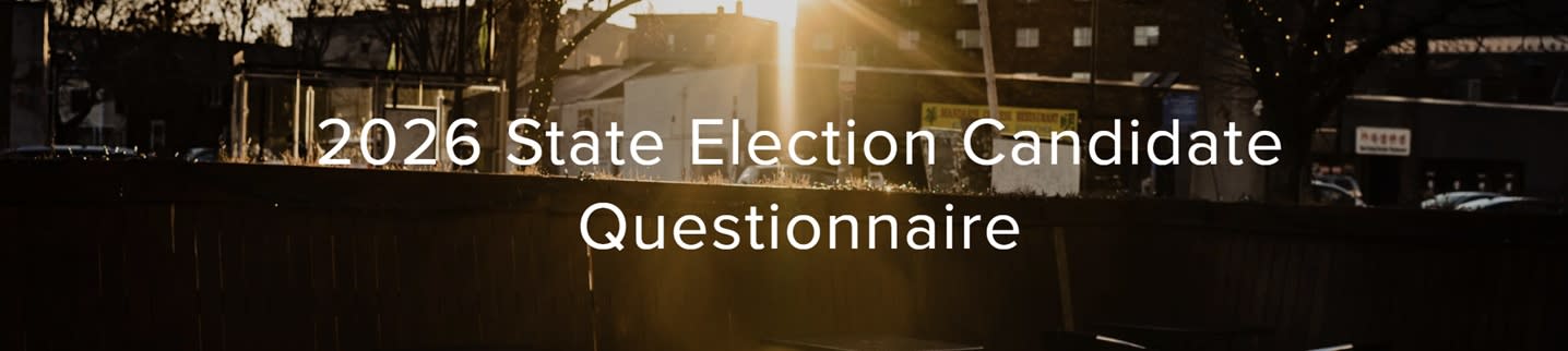 2025 State Election Candidate Questionnaire on top of a sunset over buildings in Union Square