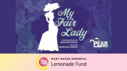 Female presenting silhouette with hat in front of floral background with title MY FAIR LADY with credits Book and Lyrics by A
