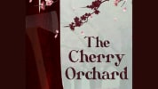 The words "The Cherry Orchard" in front of the faint image of an orchard. To the left, the sillhouette of a tree trunk with a