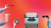 hands holding lasses, popcorn, film reels, and a typewriter