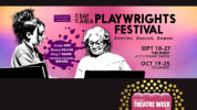 Two actors facing each other behind music stands, with text stating: "2026 Bay Area Playwrights Festival - Revive. Resist. Re