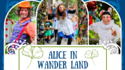 Header image for Pinecones and Portals Hiking Theater Company's 'Alice in Wander Land.' Three arched photos show a whimsical