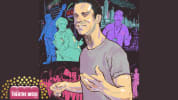 Stylized drawing of Dan Hoyle as one of his characters, in bright neon colors