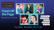 Promotional poster for Fresh Off the Page showcase. Headshots of five artists against blue background. Text reads: Feinstein'