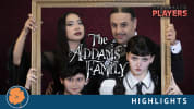 Promotional image for Palo Alto Players’ The Addams Family, featuring four cast members posing inside an ornate gold picture
