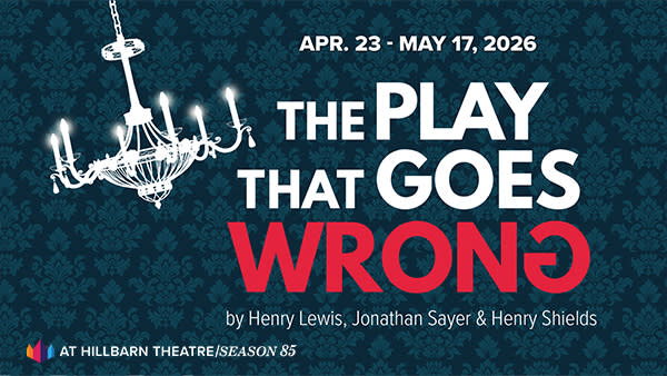 Blue background with a white chandelier swinging from right to left.  Slightly off-centered is the title THE PLAY THAT GOES W