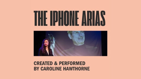 Show title "The iPhone Arias" with black bold writing. Picture of Steve Jobs staring over a woman with brown curly hair.